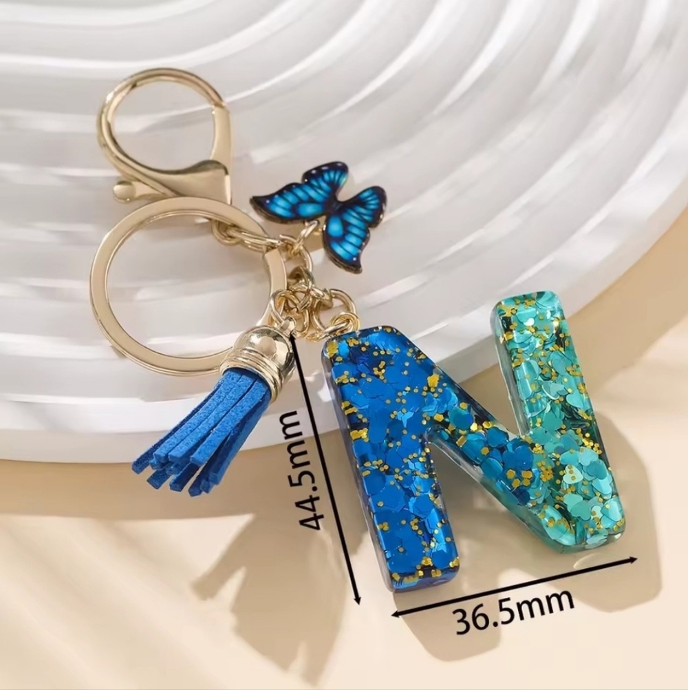 Blue & Gold Letter "N" Keychain with Butterfly Charm